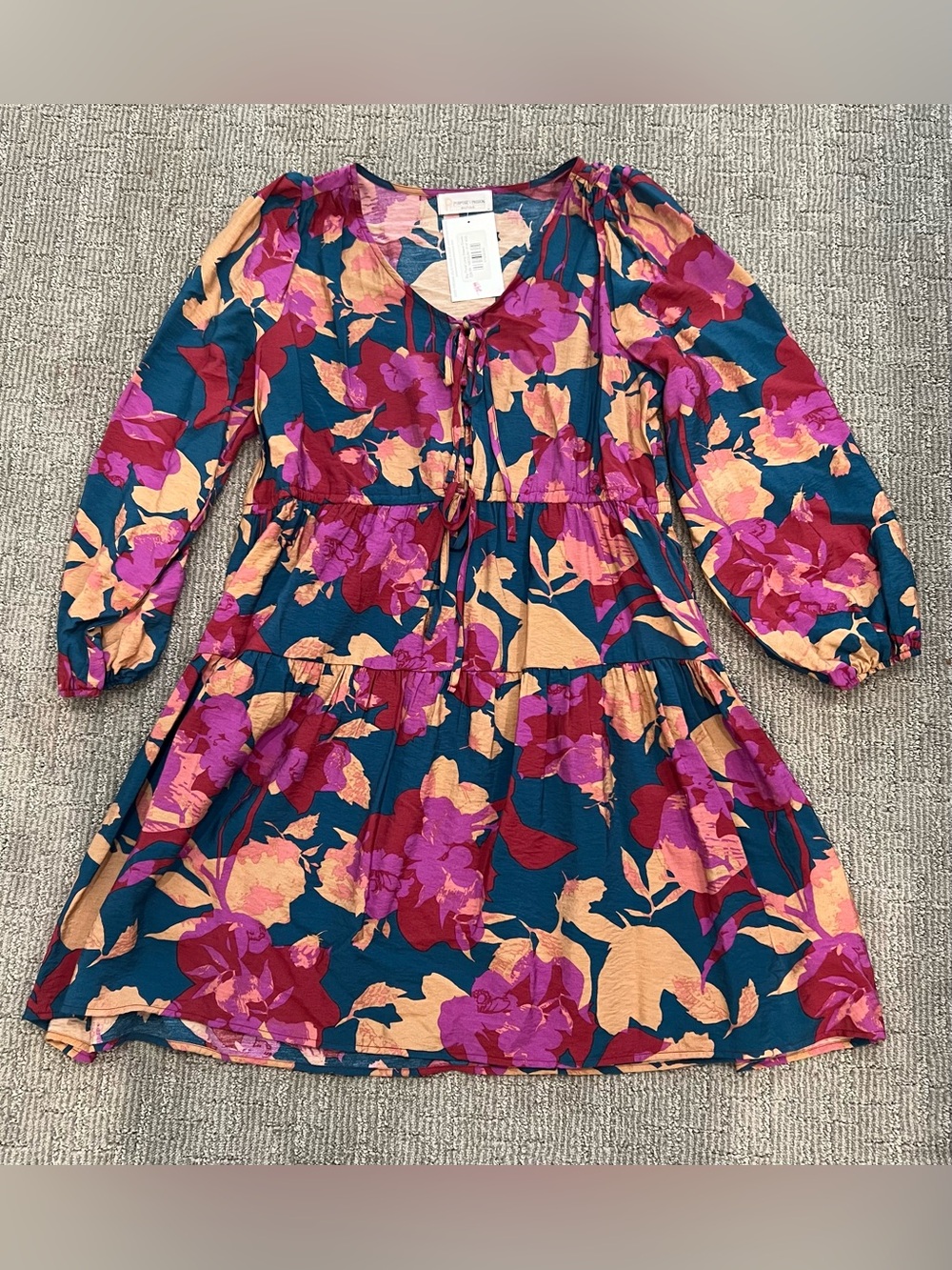 Floral Tie-Neck Casual Dress in Teal, Pink & Peach